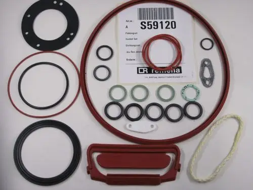 Dichtungssatz von Remeha, bestehend aus verschiedenen Dichtungen und O-Ringen in unterschiedlichen Größen, angeordnet auf einem weißen Untergrund.
